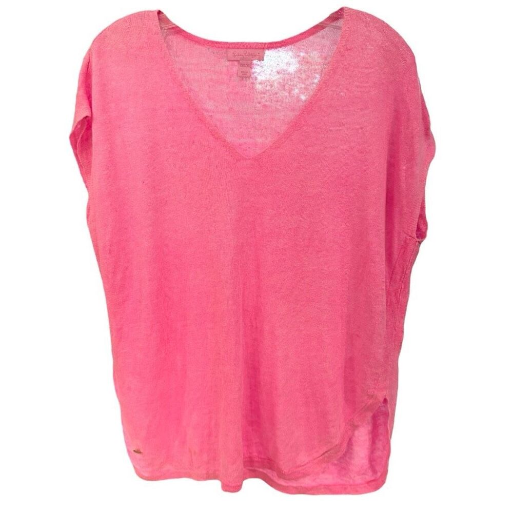 Lilly Pulitzer Women's Linen Boxy Beach V-Neck Short Sleeve Top Pink Size 2XS